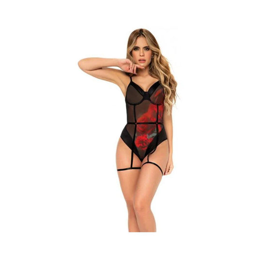 Underwire Teddy with attached Garter Straps Hook and Eye Crotch Closure - Black/Red / S/M - Lingerie