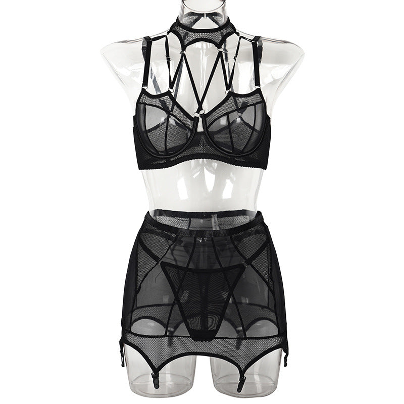 Black Mesh Halterneck Bra with Hip Cover Garters (a set)
