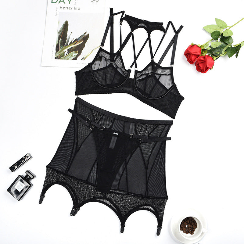 Black Mesh Halterneck Bra with Hip Cover Garters (a set)
