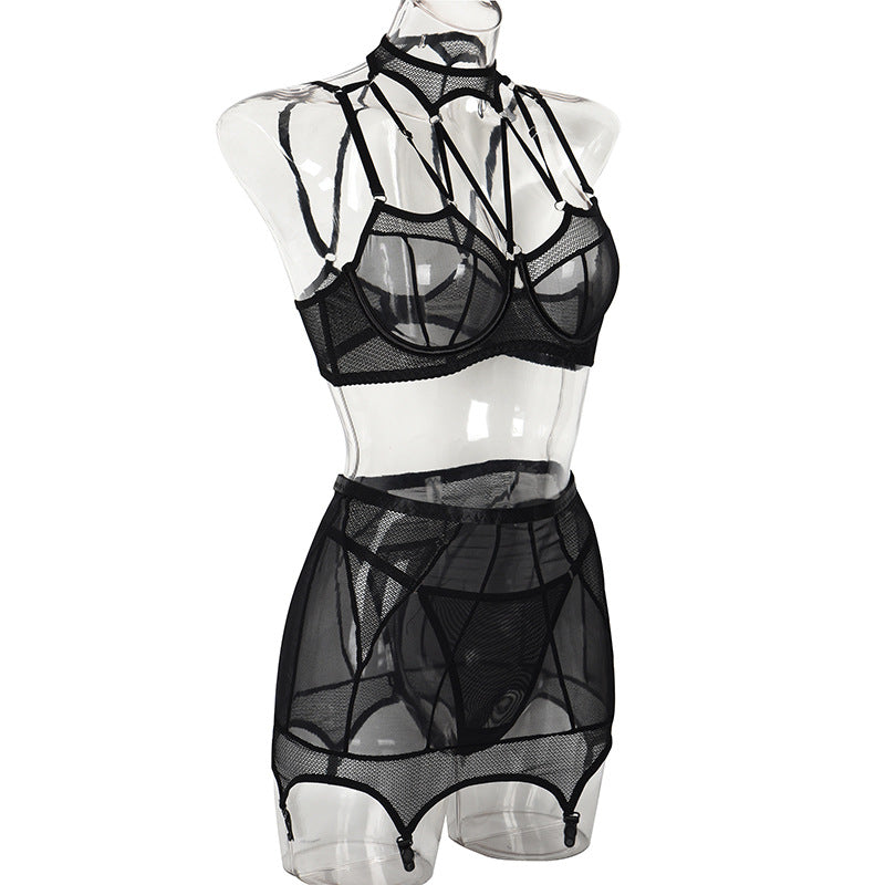 Black Mesh Halterneck Bra with Hip Cover Garters (a set)
