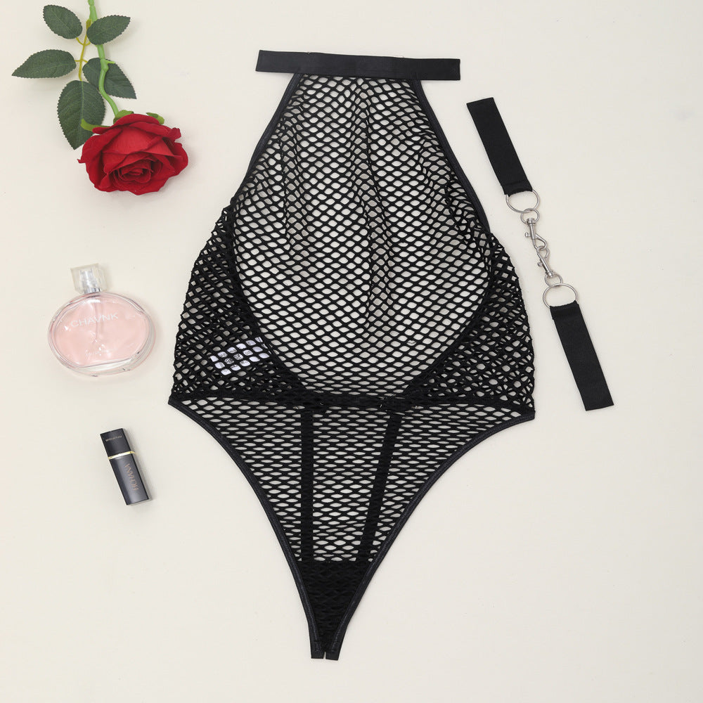 Backless Fishnet Erotic Bodysuit with Handcuffs - Lingerie