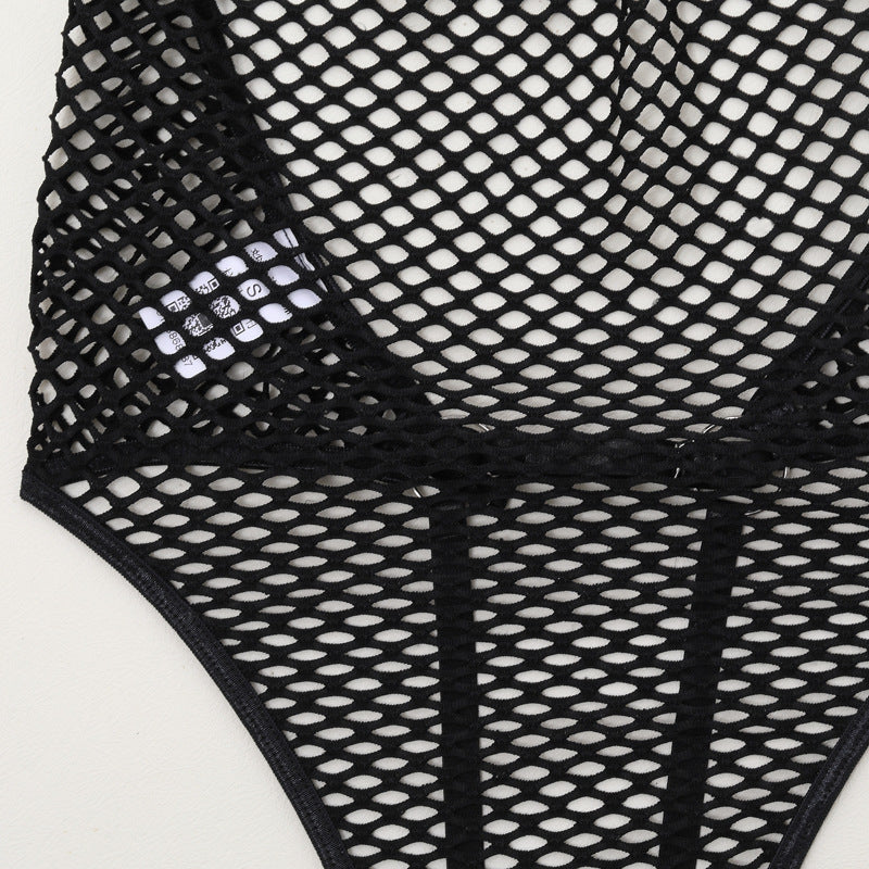 Backless Fishnet Erotic Bodysuit with Handcuffs - Lingerie