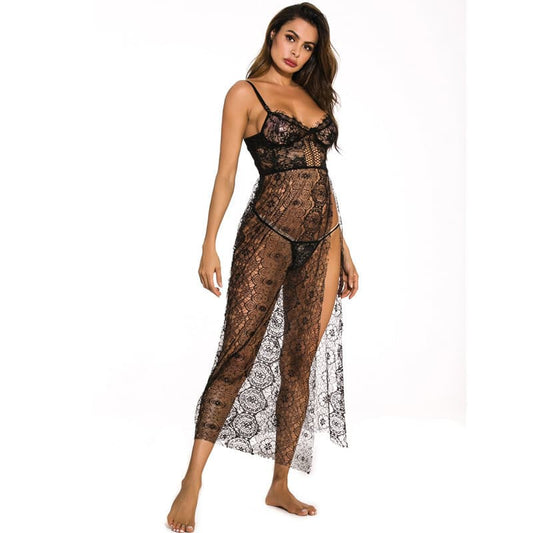 Deep V-neck Side Slit Sexy Long Chemise - Lingerie