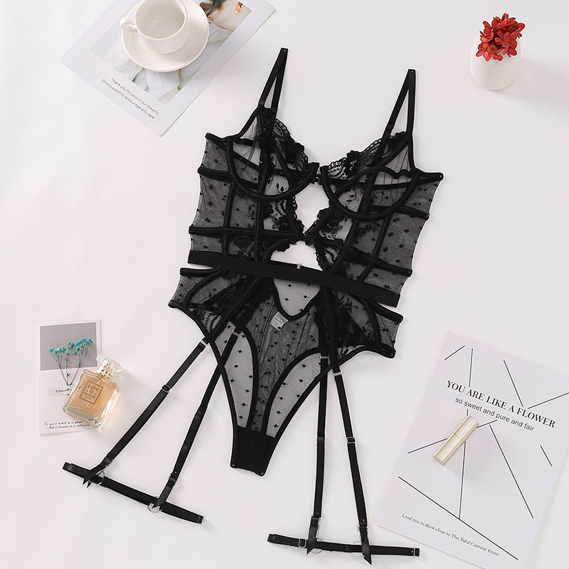 Embroidered Sheer Mesh Bodysuit with Open Back
