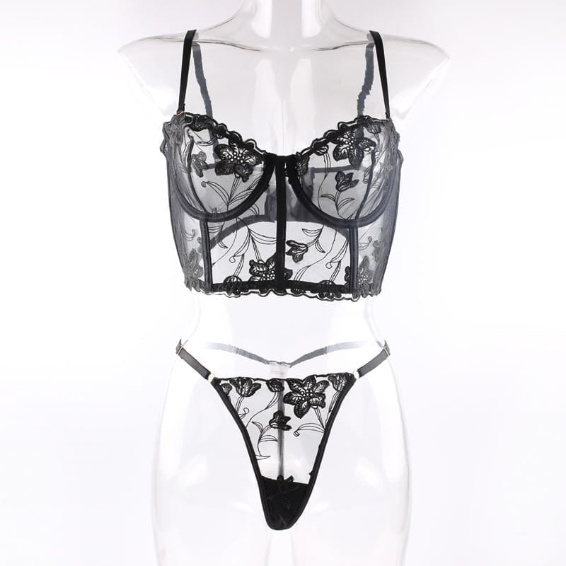 Embroidered Thong Sexy Bustier Bra Set