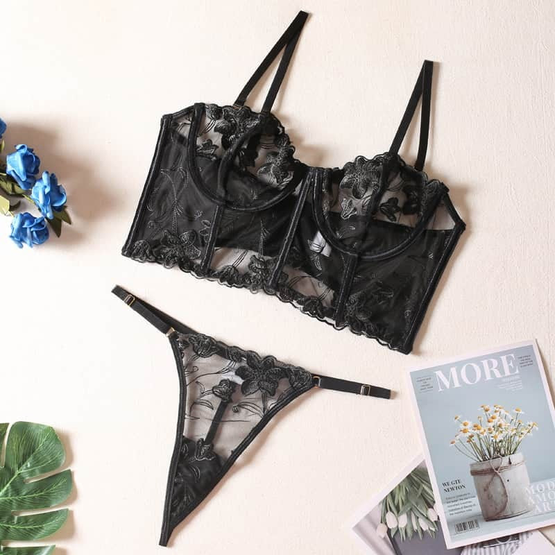 Embroidered Thong Sexy Bustier Bra Set