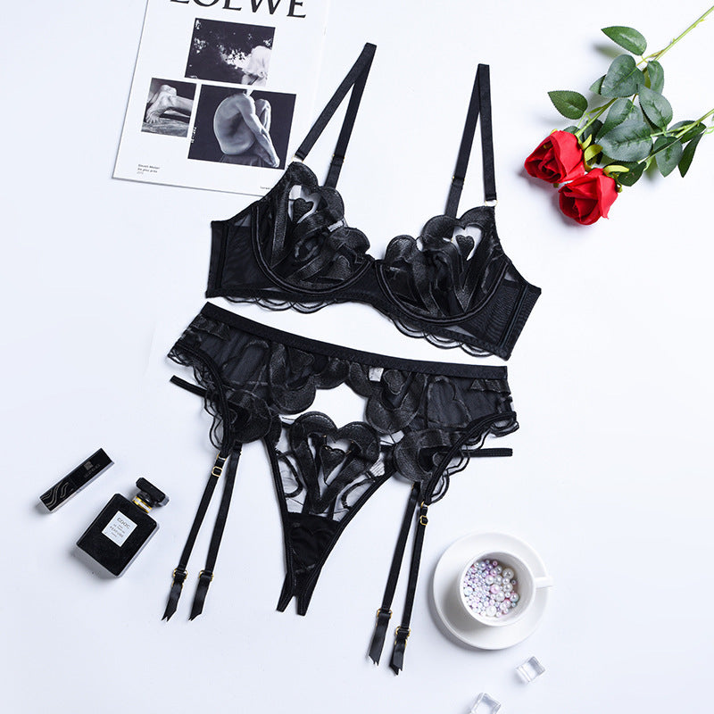 Enchanting Mesh Love Bra, Panty Set with Garter