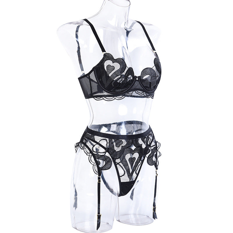Enchanting Mesh Love Bra, Panty Set with Garter