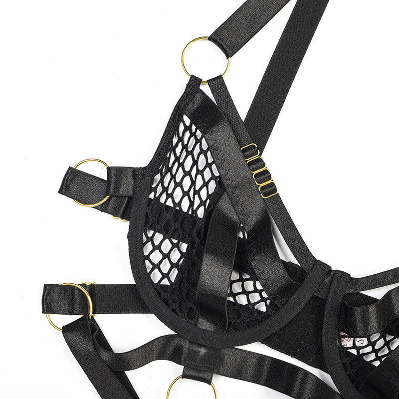 Black Fishnet Bra and Panty Set with Braided Stitching