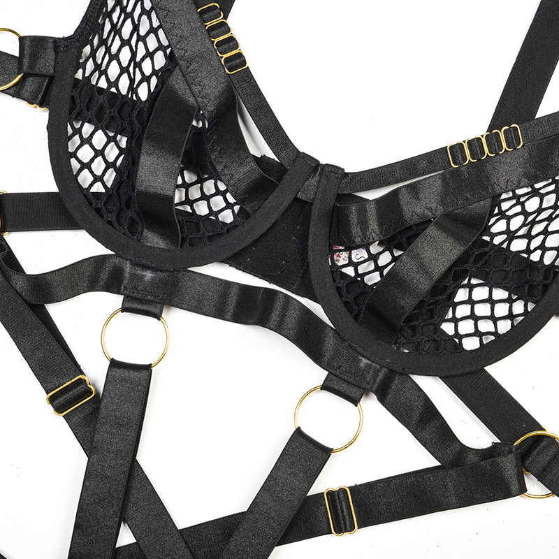 Black Fishnet Bra and Panty Set with Braided Stitching