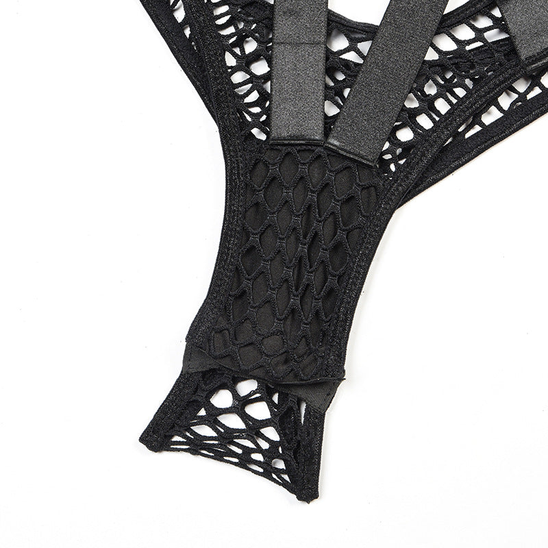 Black Fishnet Bra and Panty Set with Braided Stitching