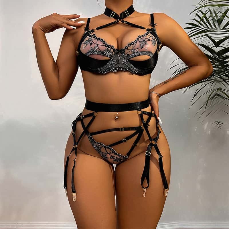 Halter Cutout Satin Panel Garter Belt Set