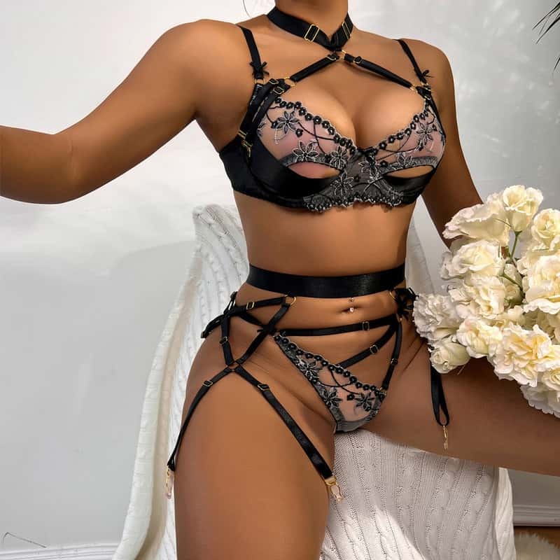 Halter Cutout Satin Panel Garter Belt Set