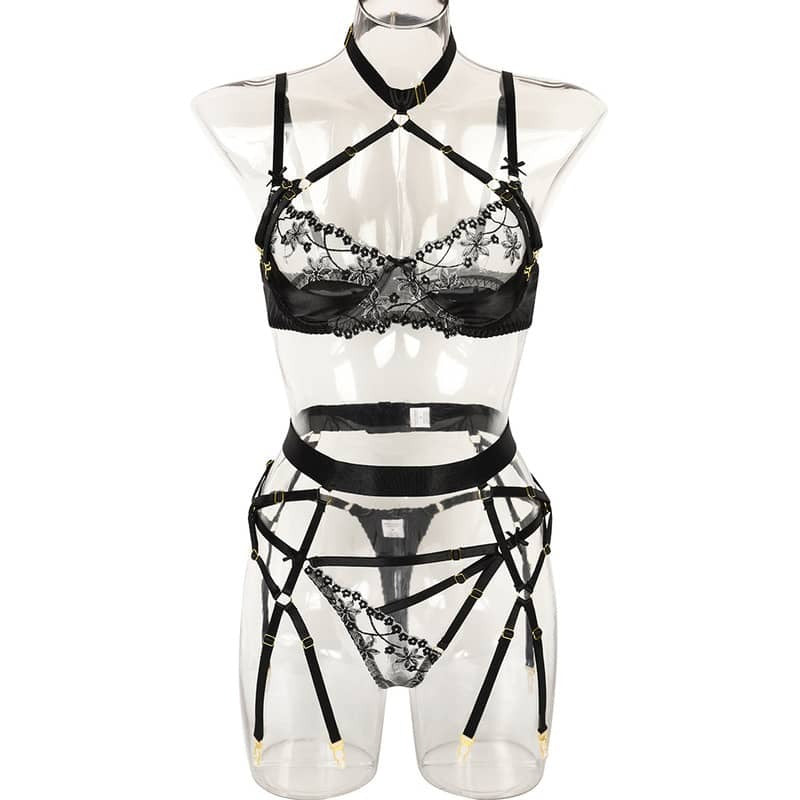Halter Cutout Satin Panel Garter Belt Set