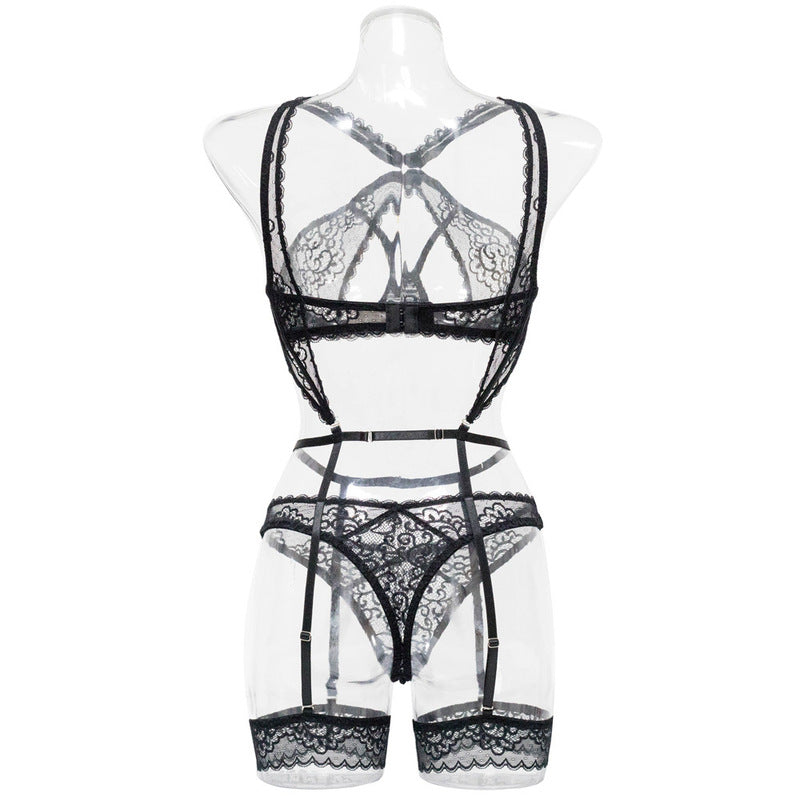 Black Lace Bra Set with Crossover Halter Neck