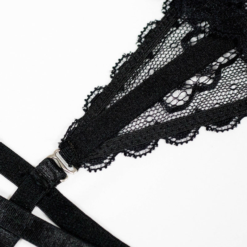 Black Lace Bra Set with Crossover Halter Neck