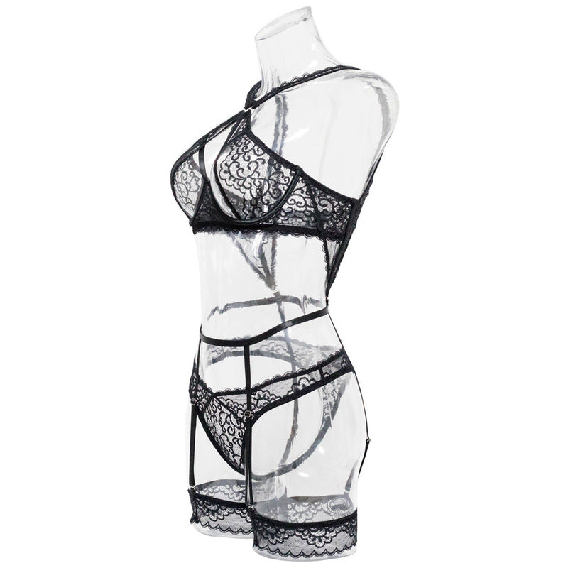 Black Lace Bra Set with Crossover Halter Neck