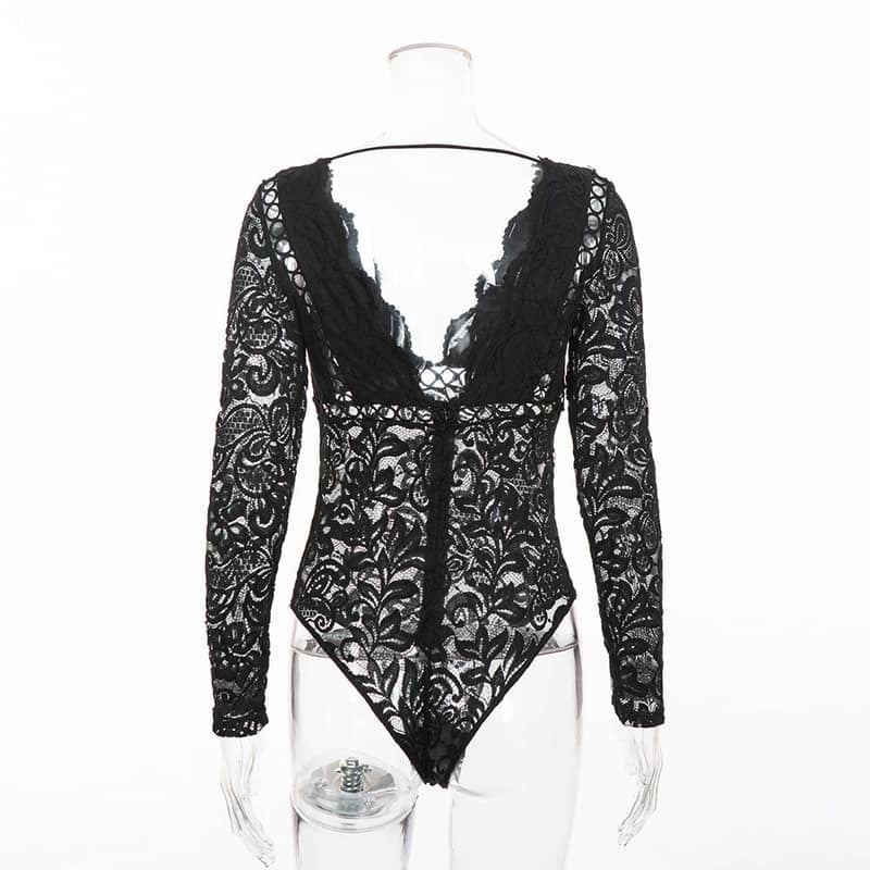 Lace Cutout Deep V Long Sleeve Bodysuit