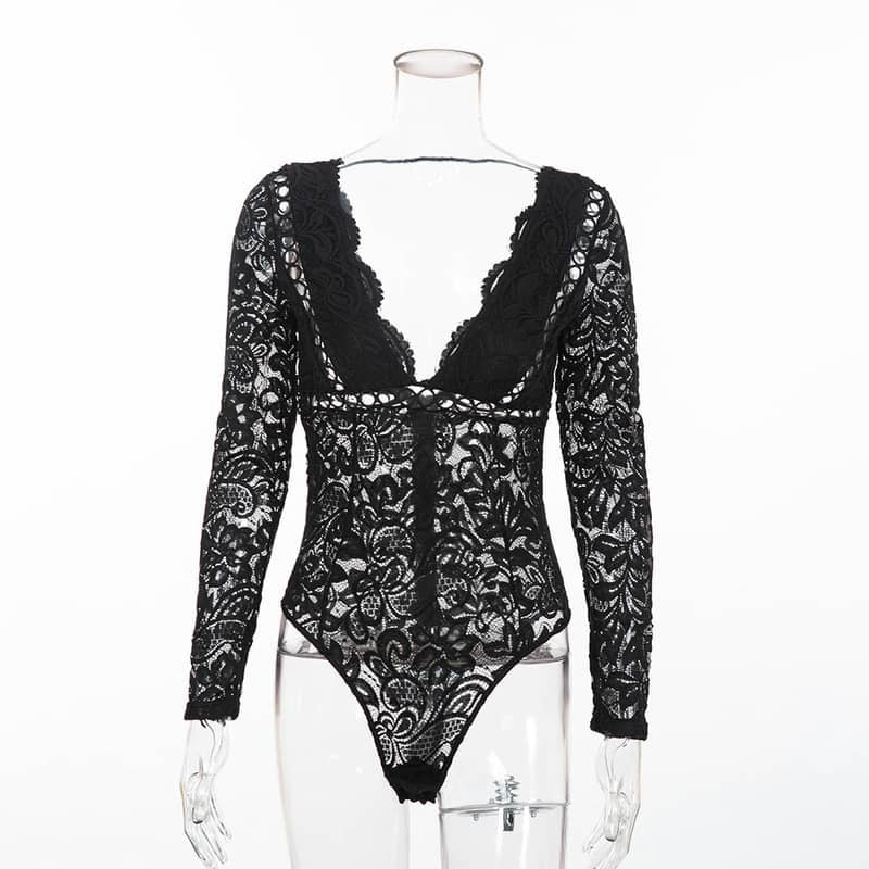 Lace Cutout Deep V Long Sleeve Bodysuit
