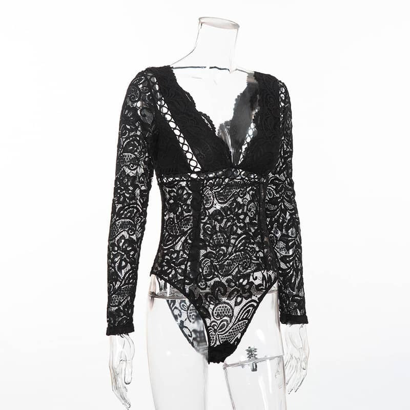 Lace Cutout Deep V Long Sleeve Bodysuit