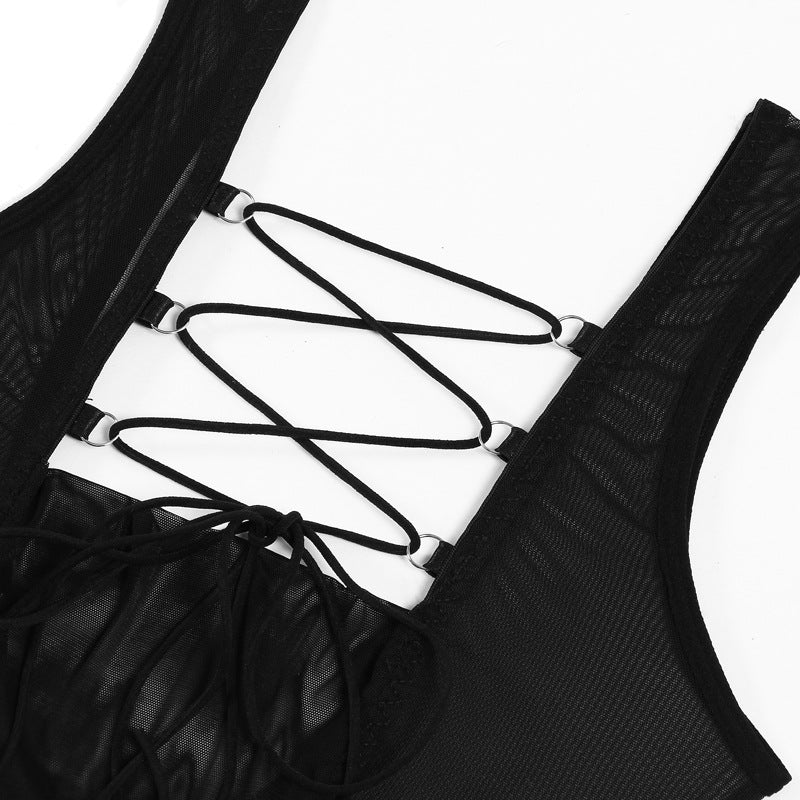 Black Mesh Bodysuit with Open Back