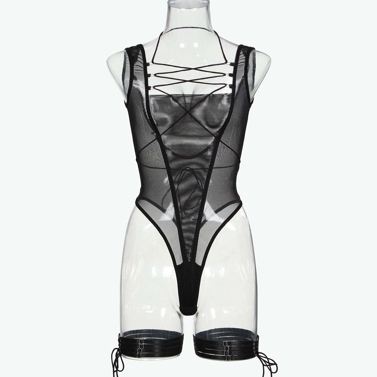 Black Mesh Bodysuit with Open Back