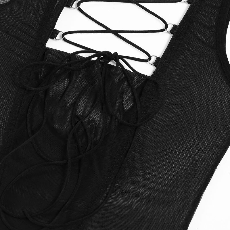Black Mesh Bodysuit with Open Back