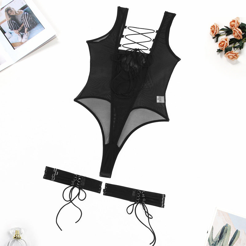 Black Mesh Bodysuit with Open Back