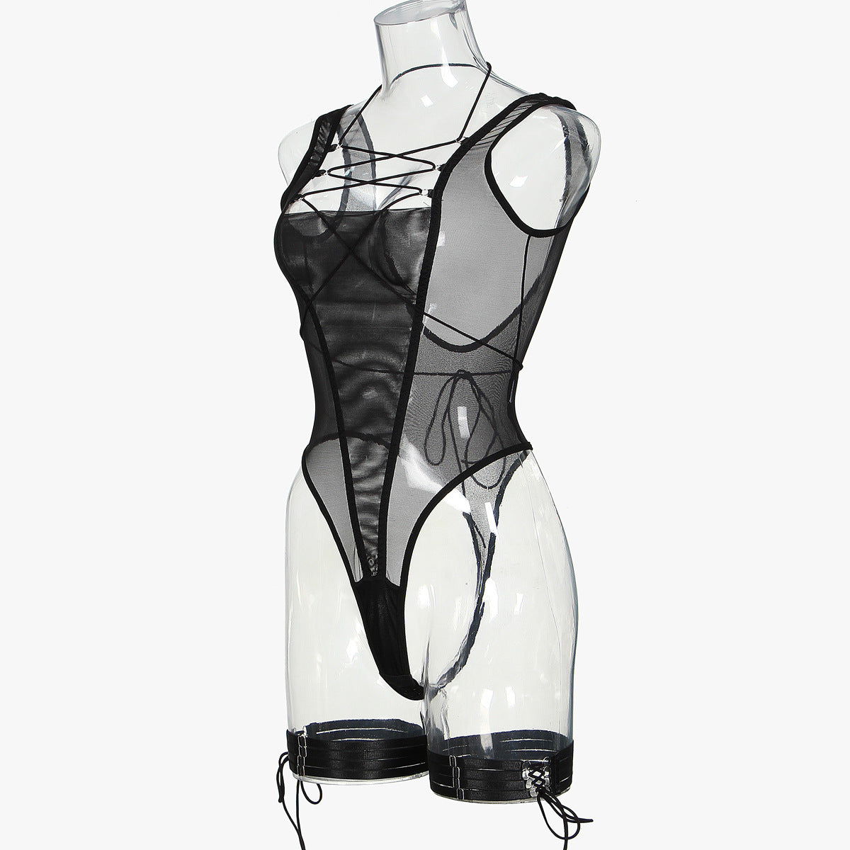 Black Mesh Bodysuit with Open Back