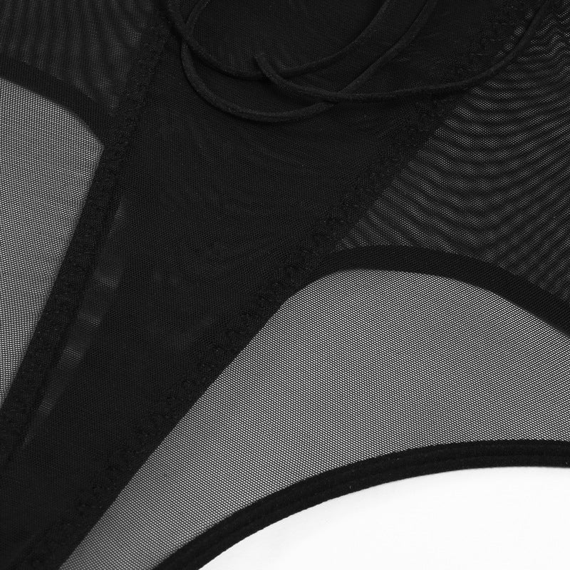Black Mesh Bodysuit with Open Back