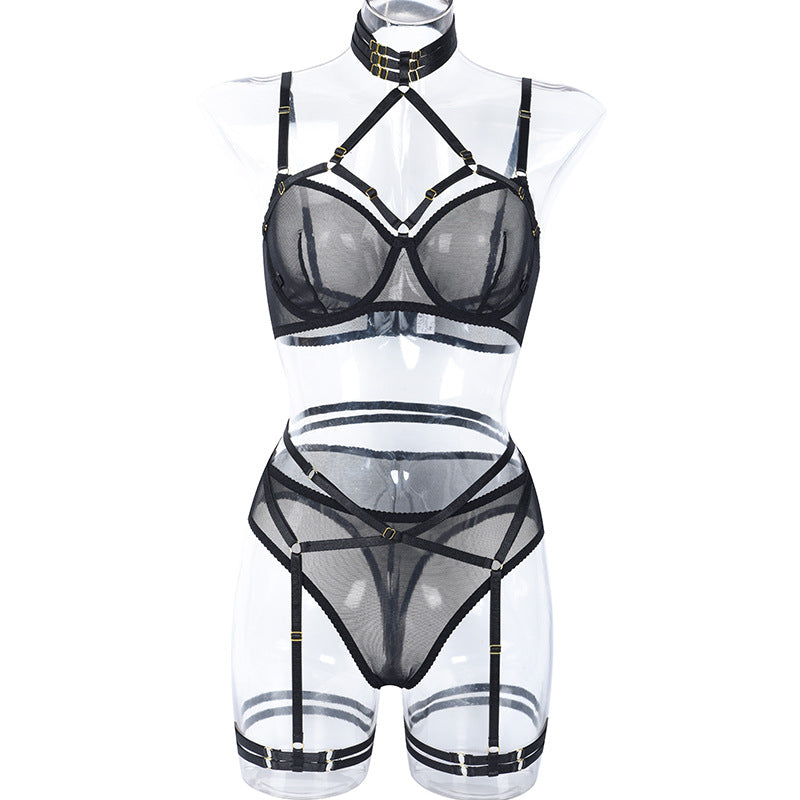 Mesh Halter Neck Bra, Panty Set with Elastic Band
