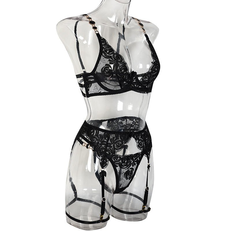 Radiant Gemstone Mesh Bra, Panty Set with Garter