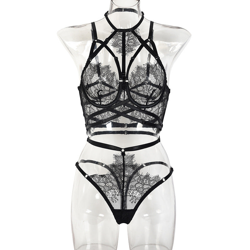 See-Through Lace Bra and Panty Set with Double Chest Lift