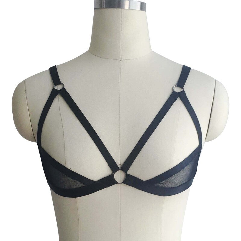 Black Sexy Breast Leaking Mesh Black Harness Bra