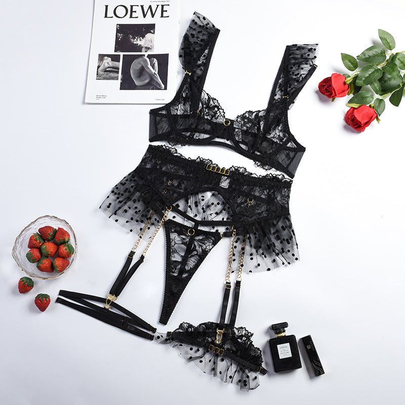 Sexy Sheer Lace Bra Set with Ruffled Garter