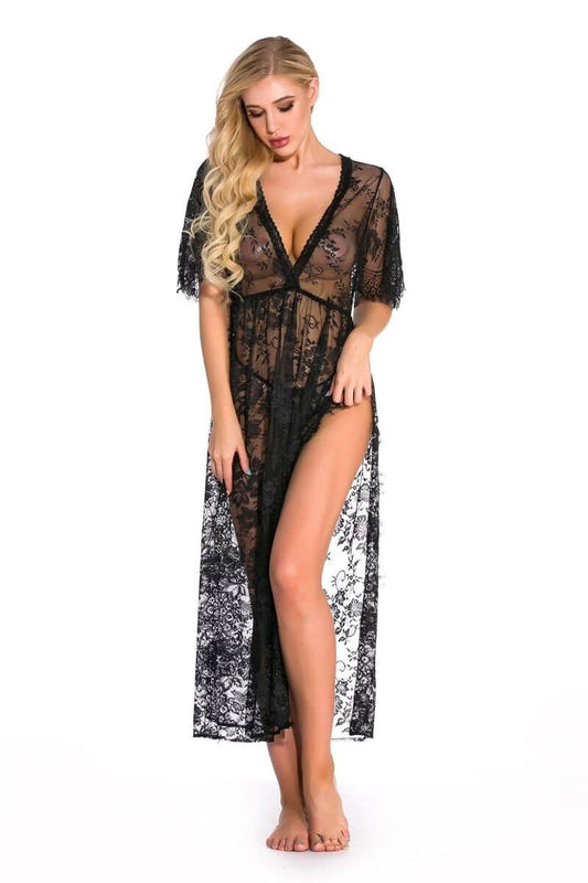 Sheer Pajamas Side Slit Long Chemise - Lingerie