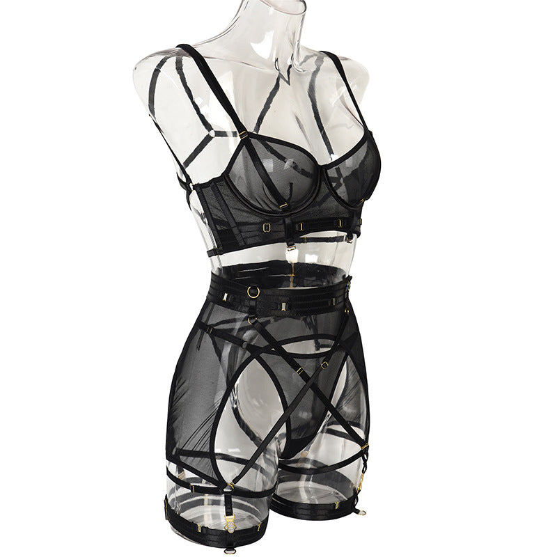 Solid Color Mesh Bra Set with Multi-Adjustable Straps