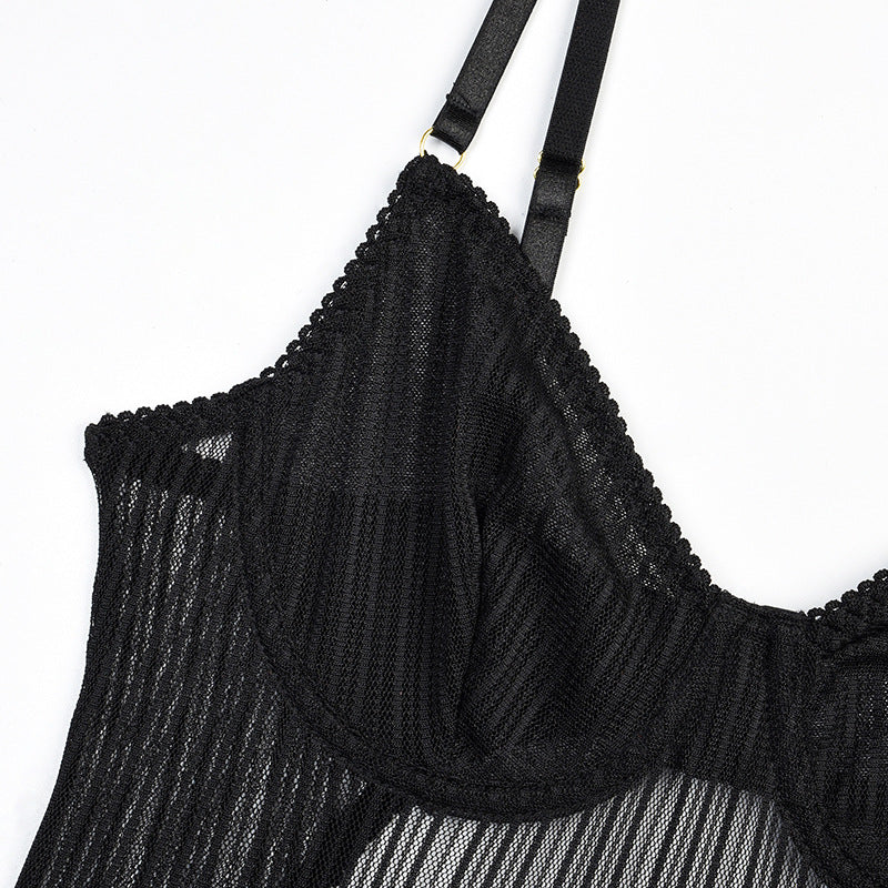 Black Striped Mesh Sheer Bodysuit