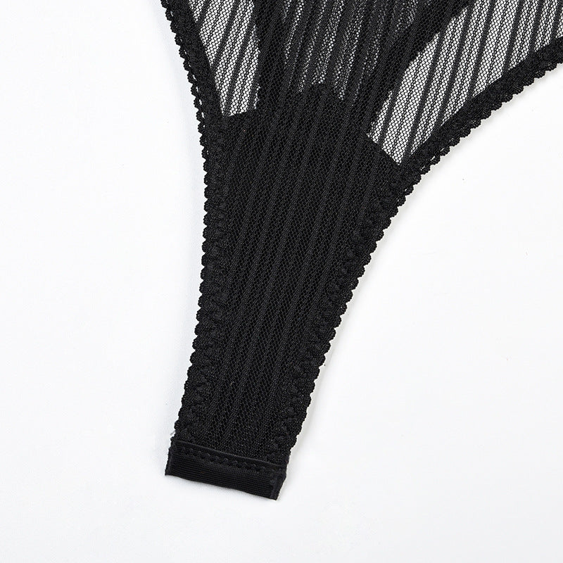 Black Striped Mesh Sheer Bodysuit