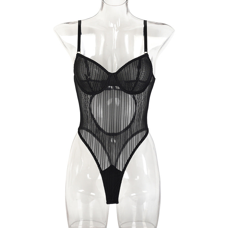 Black Striped Mesh Sheer Bodysuit