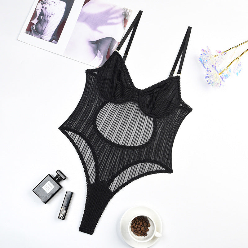 Black Striped Mesh Sheer Bodysuit