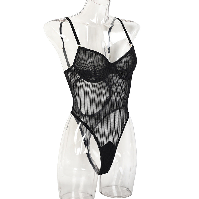 Black Striped Mesh Sheer Bodysuit