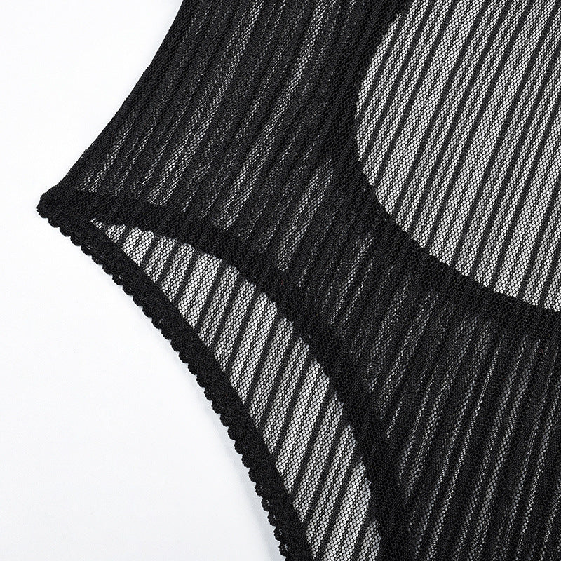 Black Striped Mesh Sheer Bodysuit