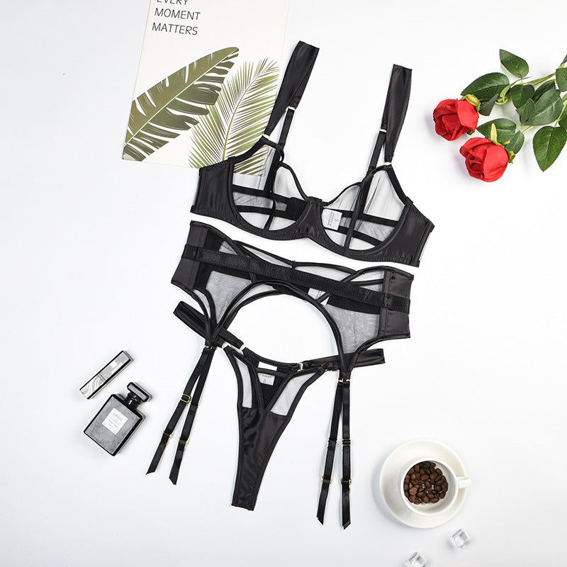 Temptation Mesh Bra, Panty Set with Garter