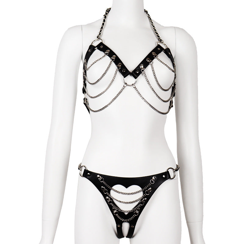 Kinky Leather Wear Bondage Bra and Panty Set