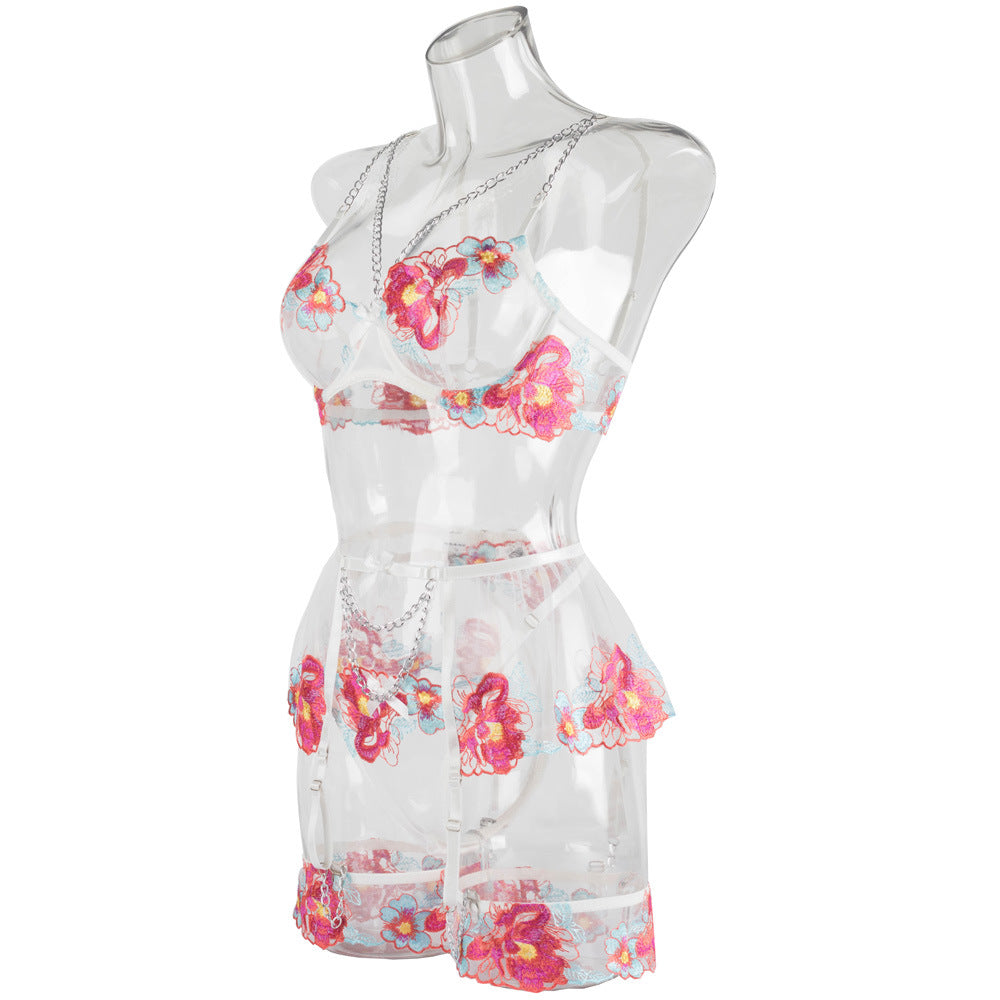 Blossom Embroidery Mesh Underwire Lingerie Set