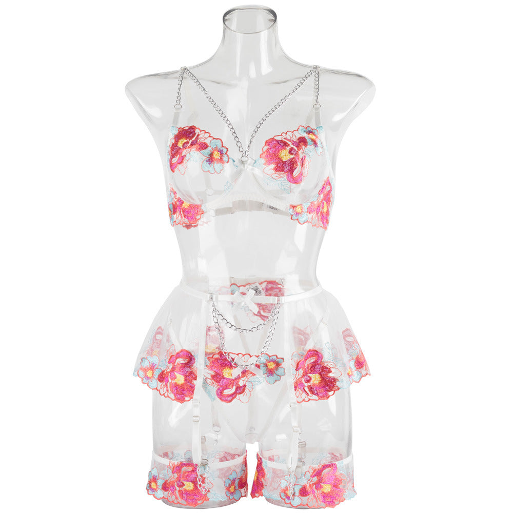 Blossom Embroidery Mesh Underwire Lingerie Set