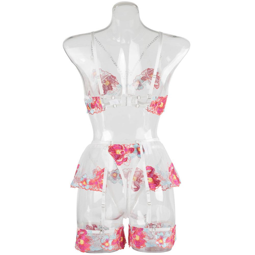 Blossom Embroidery Mesh Underwire Lingerie Set