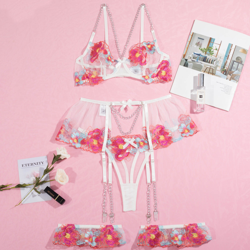 Blossom Embroidery Mesh Underwire Lingerie Set