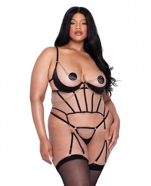 Caged Temptress Satin and Tulle Bustier with Draped Chain Detail and Thong